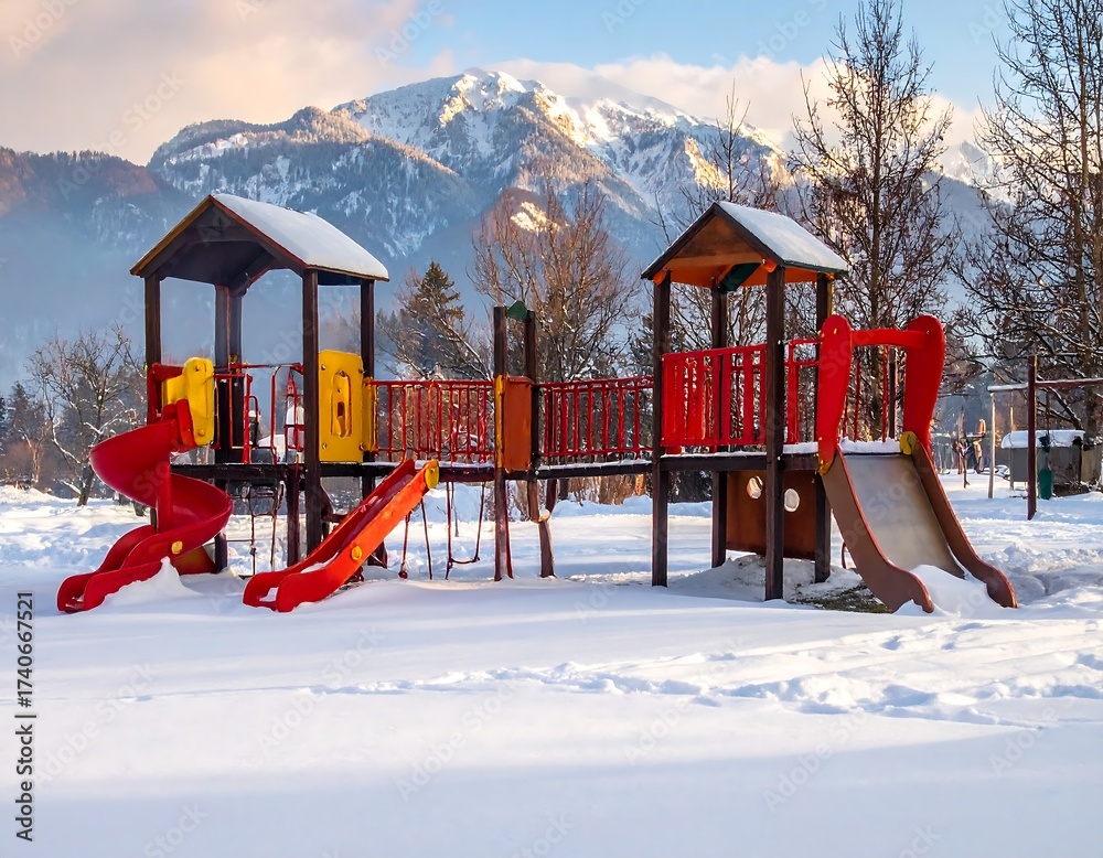 Naklejka premium Colorful playground covered in snow, with mountains in the background