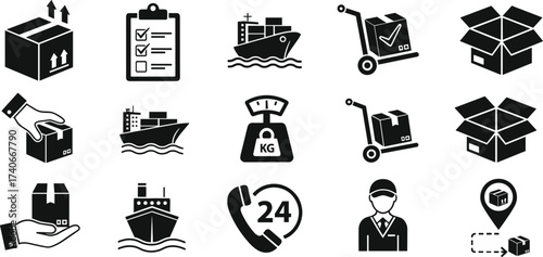 Shipping and logistics icon set, black and white delivery symbols, cargo transport and supply chain vector design, minimal business illustration, service and tracking
