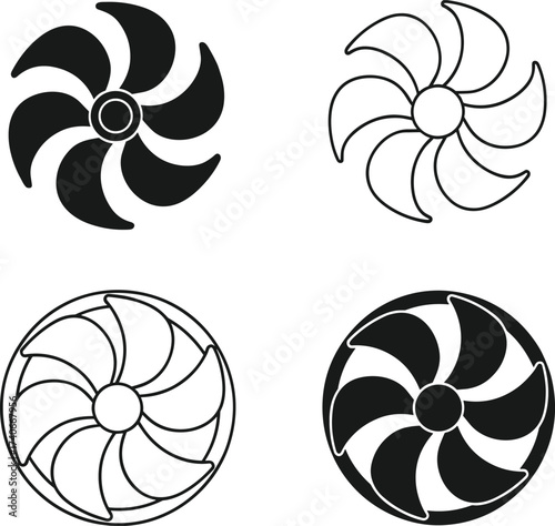 Stylized fan and turbine icon set, black and white mechanical design, abstract blade shapes, minimal vector illustration, engineering concept, industrial graphic elements