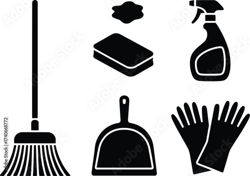 Collection of black silhouette cleaning tools and supplies for household chores