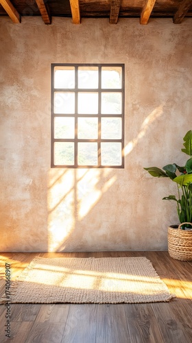 Rustic interior scene with window light streaming across the room