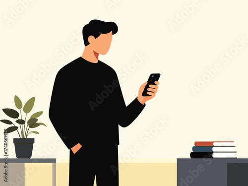 Man holding smartphone indoors with plant and books on minimalist background