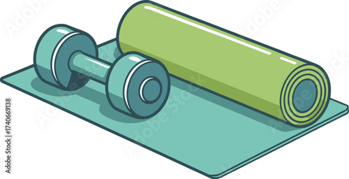 Dumbbell and rolled yoga mat resting on a workout mat for fitness and exercise
