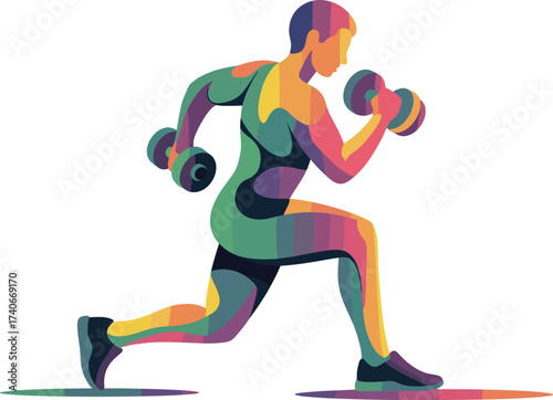Colorful abstract person exercising with dumbbells doing lunges for fitness