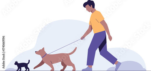 Person walking dog and small cat outdoors during the day simple art