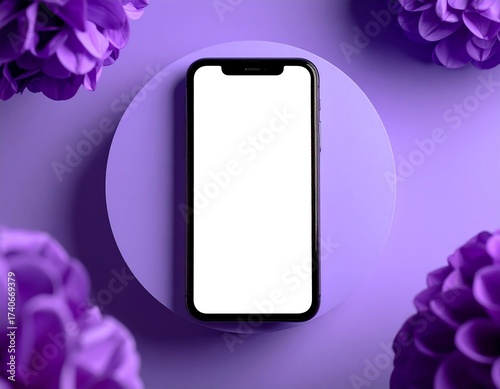 Smartphone mockup on a purple pedestal, surrounded by flowers