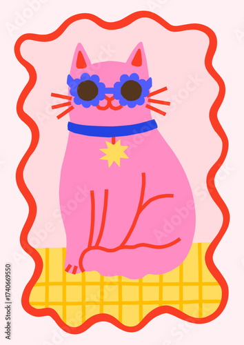 Cute positive summer vector illustration. Bold bright poster design with playful cat character in sunglasses in wavy frame