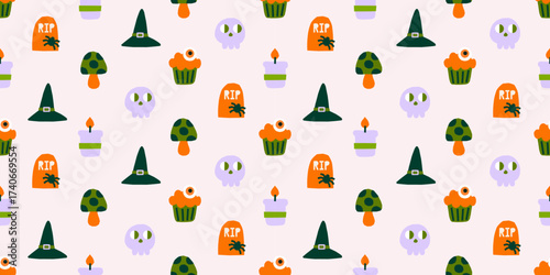 Cute Halloween vector seamless pattern. Fall wrapping paper design with witch hat, scull, treats illustrations