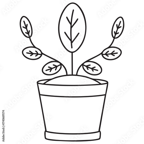 Minimalist Potted Houseplant Outline Vector Illustration on White Background