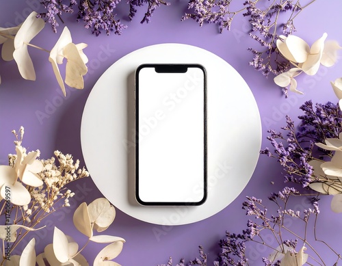 Smartphone mockup surrounded by dried flowers on a vibrant purple background