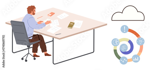 Businessman reviews documents at desk, accompanied by cloud graphic and colorful data chart. Ideal for teamwork, strategy, data analysis, productivity, cloud computing, decision-making, simple flat