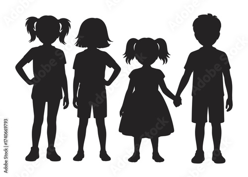 Silhouette of four diverse children standing together holding hands on a white background