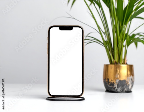 Smartphone on a stand, next to a plant