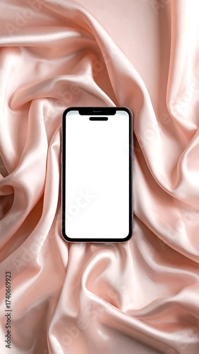 Smartphone on a blush pink satin surface