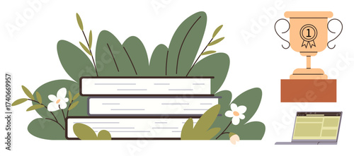 Stack of books surrounded by leaves, a trophy, and a laptop with text display. Ideal for education, achievement, online learning, knowledge, growth study sustainability. A simple flat metaphor