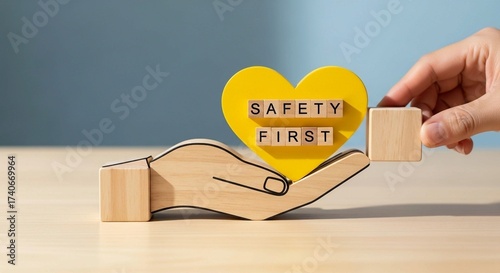 Hand Placing Final Wooden Block Forming an Open Hand Holding a Yellow Heart with ‘Safety First’ Text — Concept of Health, Safety, and Protection