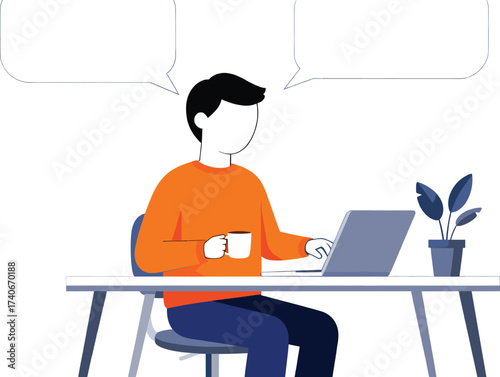 Young man working on laptop at desk with plant and coffee cup