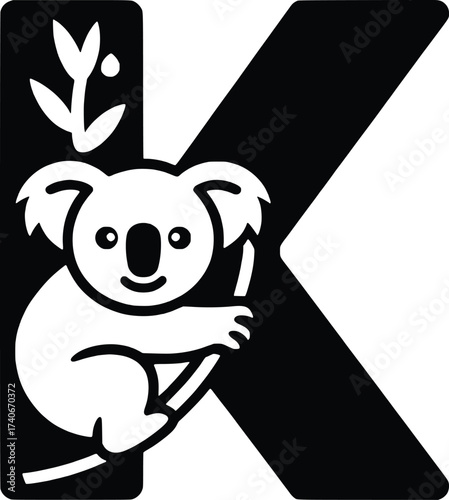 Cute koala character climbing letter k symbol for australian brand identity