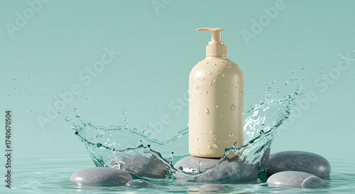 Minimalist beige pump bottle for skincare or cosmetic products, elegantly displayed on natural grey stones with refreshing water splashes, embodying purity and natural essence