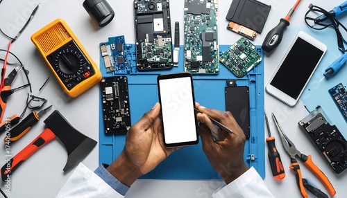 Smartphone repair, tools, and components on a workbench