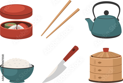 Traditional japanese kitchen utensils including bento box tea kettle rice bowl knife