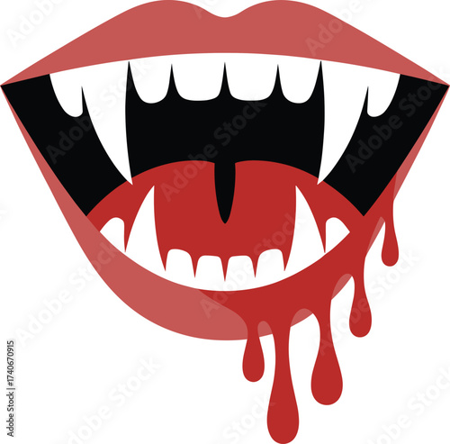 Scary vampire mouth with sharp fangs dripping blood for halloween and horror themes