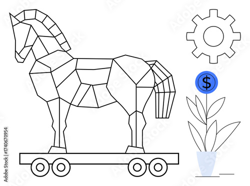 Geometric Trojan horse on wheels, gear icon, and plant with a dollar symbol. Ideal for innovation, strategy, technology, growth, business investment creativity concepts. Simple flat metaphor