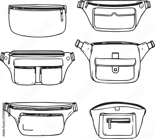 Set of six black and white fanny pack designs, waist bag vector illustration for fashion and accessories