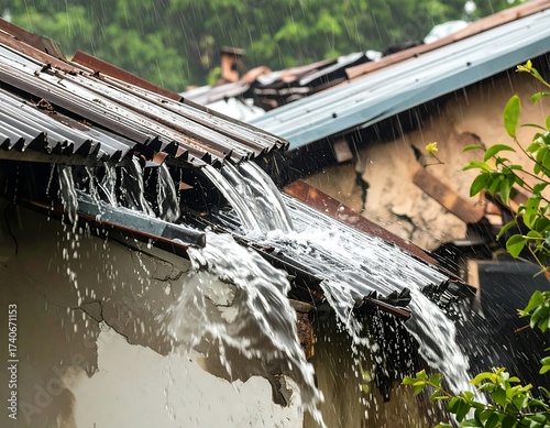 Heavy rain pours from a damaged, old tin roof