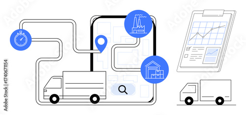 Delivery truck routes on map with location markers, stopwatch, clipboard graphs, connections. Ideal for logistics, shipping, delivery, planning, tracking business analysis simple flat metaphor