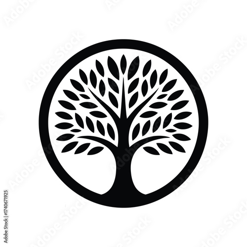 Stylized black tree of life silhouette within a bold circular emblem