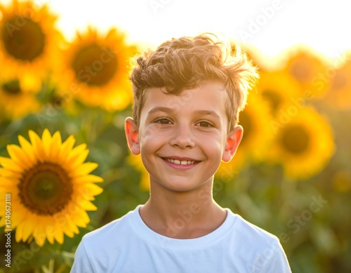 Smiling boy in sunflower field