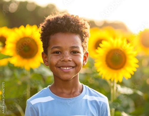 Smiling boy in sunflower field (1)