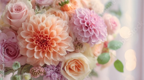 Elegant floral arrangement featuring soft pink roses and peach dahlias, perfect for wedding invitations, spring celebrations, or adding a touch of romance to your designs today