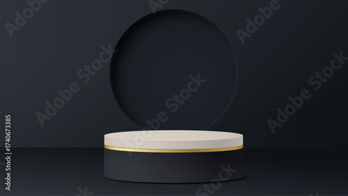 3D blank black podiem with golden striped and white on top for placing products presentation have black background graphic illustration.