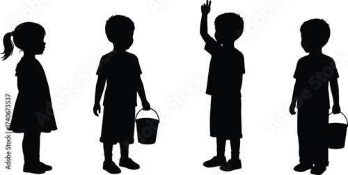 Silhouette children standing together, kids holding buckets, playful childhood moment, summer outdoor activity, group of friends, happy lifestyle, teamwork concept,