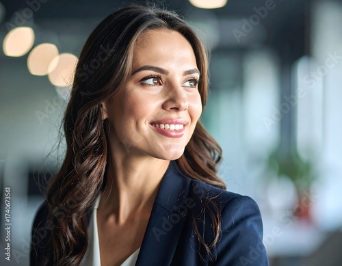 Smiling businesswoman gazing outward