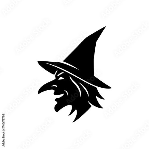 Side Profile Wicked Witch Face Silhouette Logo, Pointed Hat and Nose, Halloween Vector Illustration