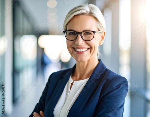 Smiling businesswoman in office hallway