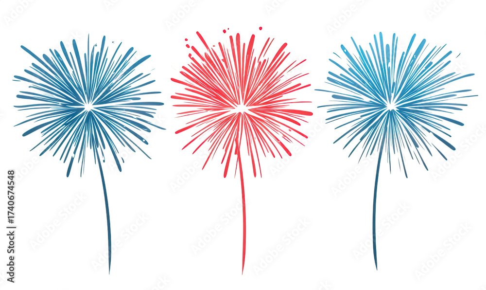 Fototapeta premium Festive fireworks in red and blue isolated on transparent background, symbolizing celebration, independence, and patriotic spirit, perfect for holidaythemed designs