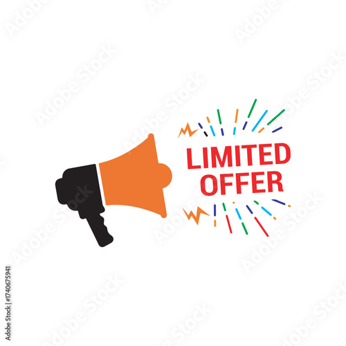 Modern megaphone with colorful sparks announcing a "limited offer," ideal for dynamic sales, urgent promotions, and marketing alerts.