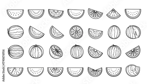 Simple black and white line drawings of fruit slices