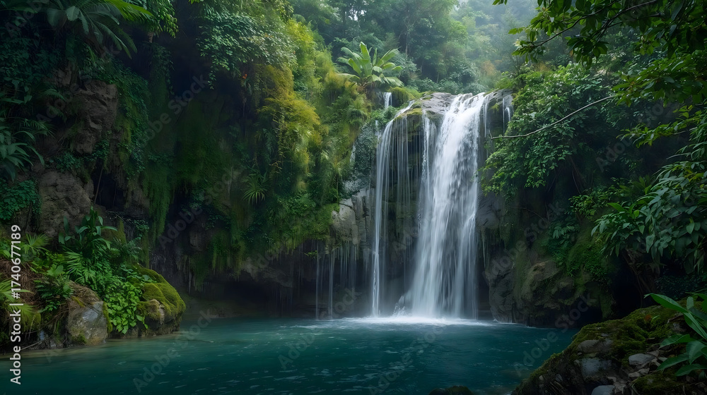 Naklejka premium Lush green jungle waterfall cascading into a clear turquoise pool
