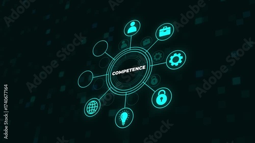 competence with business icons, highlighting skill development and career growth in a modern work environment.