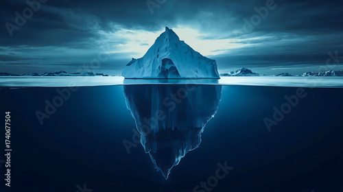 Majestic iceberg reflecting in deep blue ocean under dramatic sky