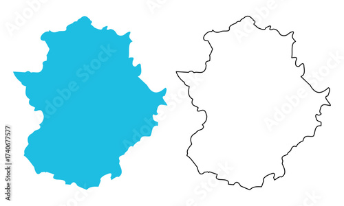 Map of Extremadura autonomous community of Spain. Map with detailed outlines and blue silhouettes