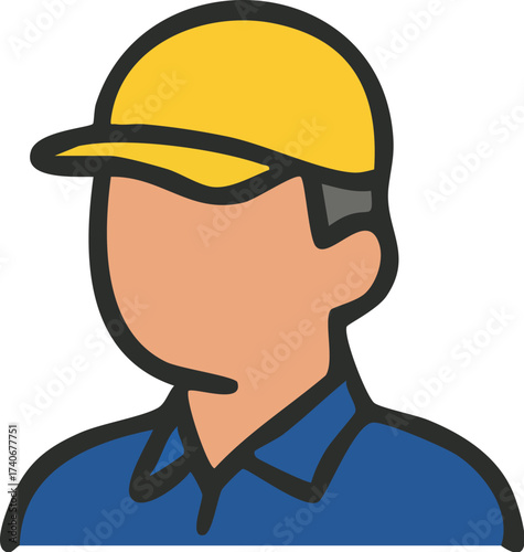 Illustration of a construction worker wearing a yellow hard hat and blue uniform.