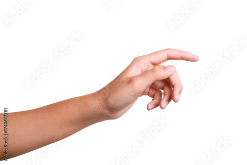 A woman's hand with an extended index finger, as if pressing something isolated on white background with clipping path.index finger reaching t touch, tap, click.