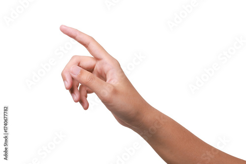 A woman's hand with an extended index finger, as if pressing something isolated on white background with clipping path.index finger reaching t touch, tap, click. © chathuporn