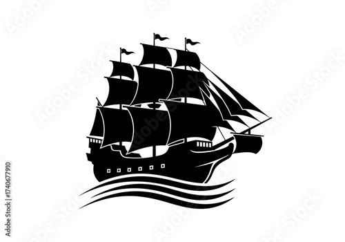 Classic black silhouette vector illustration of a majestic tall ship, symbolizing historical voyages and maritime adventure
